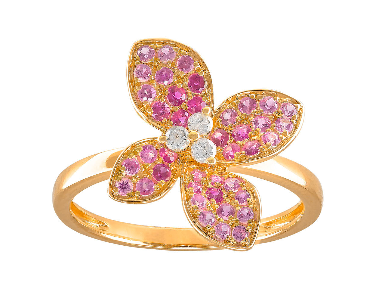 Bague fleur or 18 carats, diamants 0,09 carats et saphirs roses 0,50 carats, Or jaune 18k 750